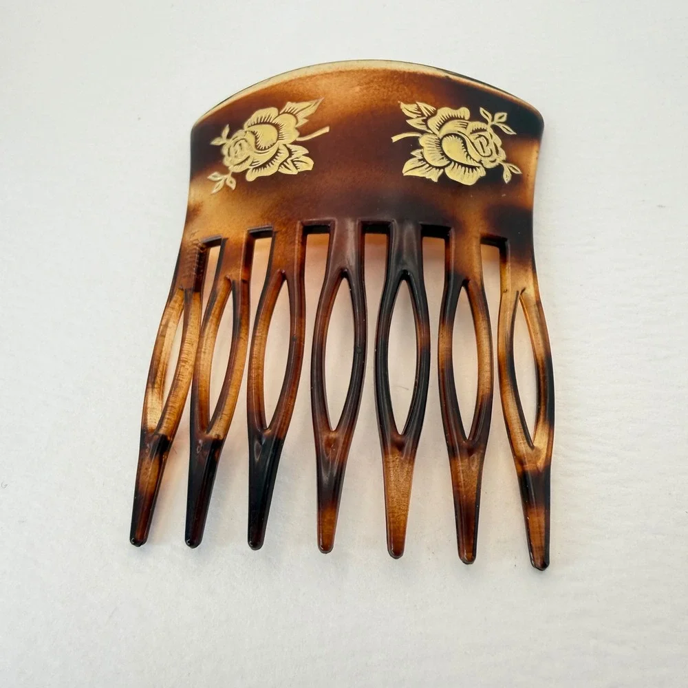 Vintage France Hair Side Comb Gold Rose Floral Accessory